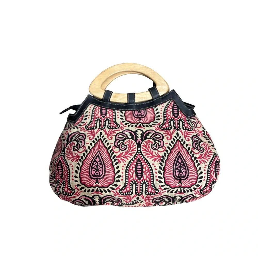 Barneys New York Pink Black Paisley Canvas Handbag Wood Top Handle Bag